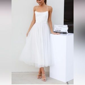 Midi Tulle Tie Back White Dress size M